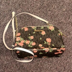 Michael Kors Brown Crossbody Bag with Pink Rose Print and Pink Strap